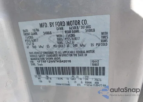 2007 Ford F-150 Stx/Xl/Xlt из США, поврежденный, VIN 1FTRF12W97KB42018